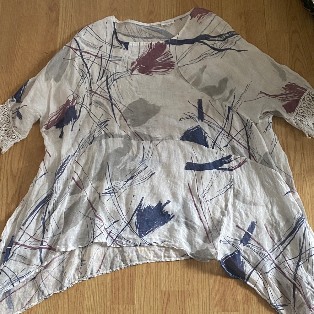 Preowned Abstract Print Women's  Linen Top plus  TALL 2x-3x Excellent Italy